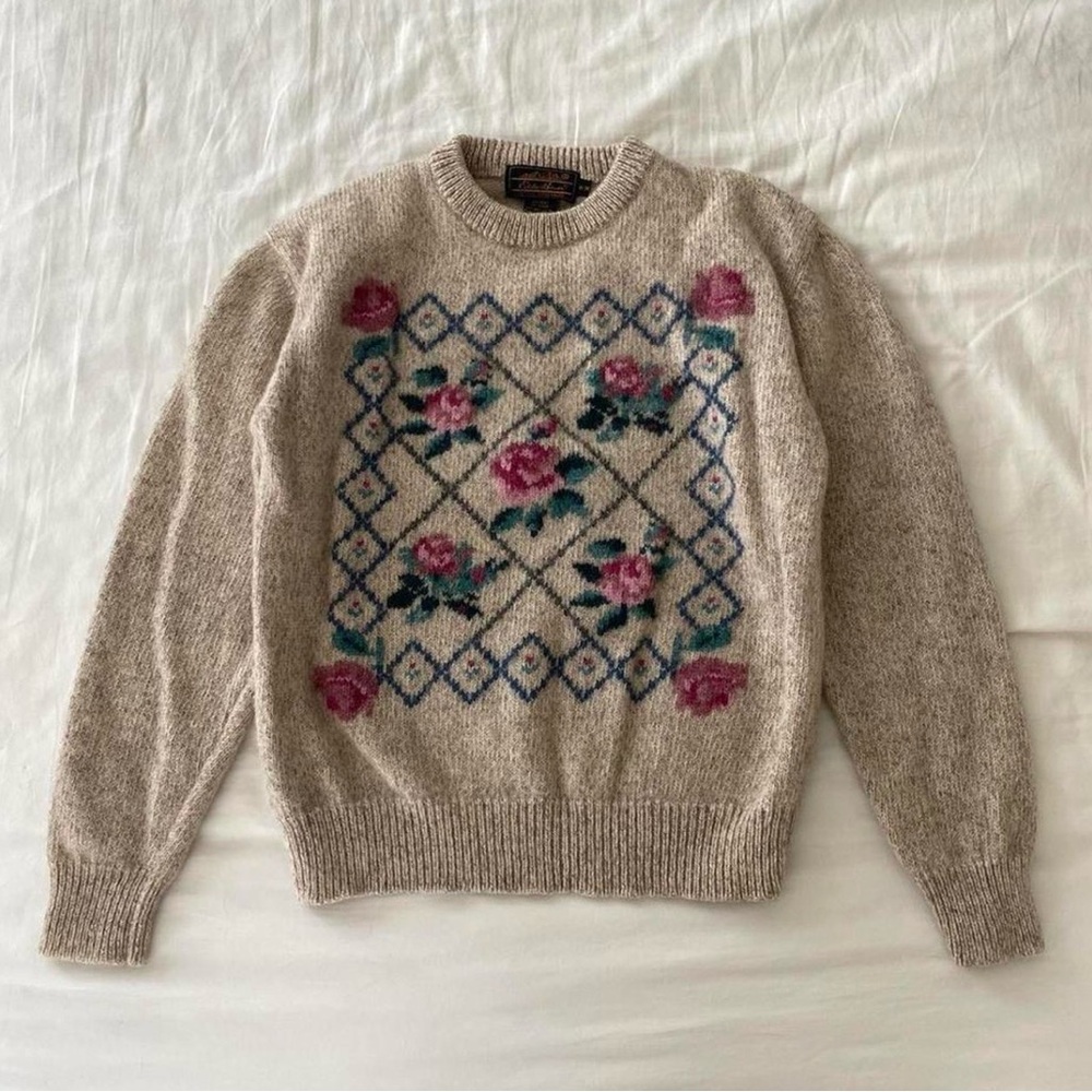 Eddie Bauer Beige Rose Pattern Crewneck Sweater